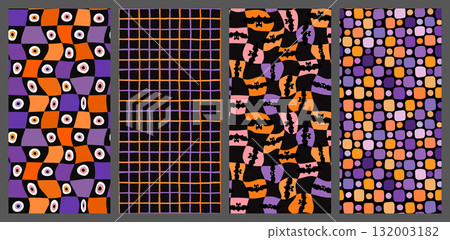 Halloween vector seamless patterns set in orange, purple and black, Distorted wavy plaid, dots and bats backgrounds Halloween vector seamless patterns set in orange, purple and black, Distorted wavy plaid, dots and bats backgrounds 132003182