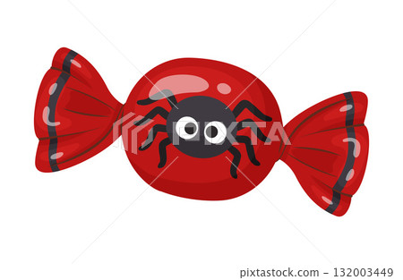 Halloween candy in bright wrapping with spider. flat vector style. Halloween candy in bright wrapping with spider. flat vector style. 132003449