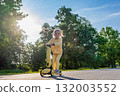 Child riding. Scooter toddler park play. Summer road motion casual sport. 132003552