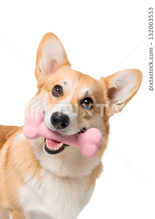 Corgi dog holding pink rubber bone-shaped toy in its mouth, looking playfully at the camera, isolated on a transparent background Corgi dog holding pink rubber bone-shaped toy in its mouth, looking playfully at the camera, isolated on a transparent background 132003553