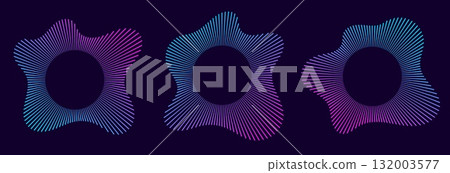 Sound equalizer icons with lines, gradient neon circular sound wave frames, abstract radial music icons. 132003577