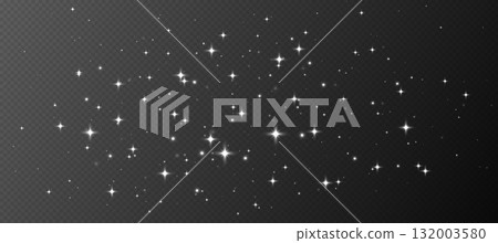 White sparkling stars, shiny particles light effect, transparent flying stardust texture 132003580