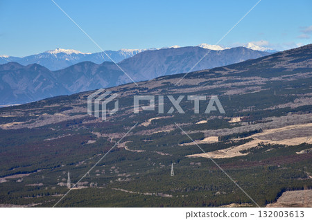 View from the flat land of Mount Echizen in the Aitaka mountain range: the snow-capped Southern Alps, Mount Shiomi, Mount Kurokawachi, Mount Notori, Mount Aino, and Mount Kita View from the flat land of Mount Echizen in the Aitaka mountain range: the snow-capped Southern Alps, Mount Shiomi, Mount Kurokawachi, Mount Notori, Mount Aino, and Mount Kita 132003613