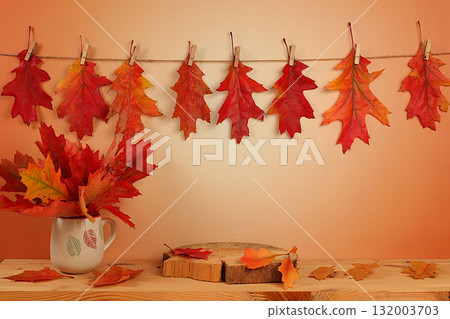Creative autumn composition and banner for display. Empty modern elegant product display table with maple leaves on kitchen background, minimalist autumn concept. Happy Thanksgiving greeting card. Creative autumn composition and banner for display. Empty modern elegant product display table with maple leaves on kitchen background, minimalist autumn concept. Happy Thanksgiving greeting card. 132003703