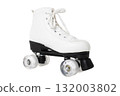 Classic white roller skate with laces and four wheels on white background 132003802