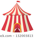 Colorful red and white striped circus tent with flag illustration 132003813