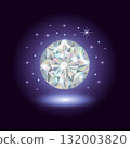 Brilliant round diamond surrounded by twinkling stars on dark background 132003820