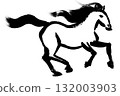 An illustration of a galloping horse in the style of oriental calligraphy, isolated on a white background. 132003903