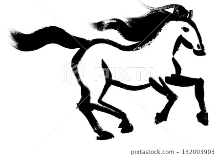An illustration of a galloping horse in the style of oriental calligraphy, isolated on a white background. 132003903