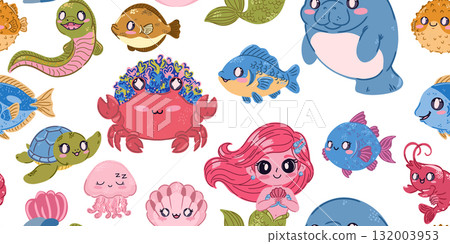 Seamless sea pattern. Cute kawaii flat illustrations of sea creatures and fish. Perfect for children's projects, wallpaper, and fabric prints. Seamless sea pattern. Cute kawaii flat illustrations of sea creatures and fish. Perfect for children's projects, wallpaper, and fabric prints. 132003953