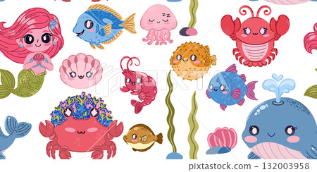 Seamless sea pattern. Cute kawaii flat illustrations of sea creatures and fish. Perfect for children's projects, wallpaper, and fabric prints. Seamless sea pattern. Cute kawaii flat illustrations of sea creatures and fish. Perfect for children's projects, wallpaper, and fabric prints. 132003958