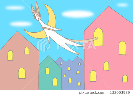 Fairy tale fantasy - cat, cityscape, blue sky, clouds, sunny weather 132003989