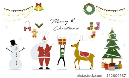 Stylish Christmas illustration set (Santa, reindeer, presents, tree, snowman) with text and no background Stylish Christmas illustration set (Santa, reindeer, presents, tree, snowman) with text and no background 132004387