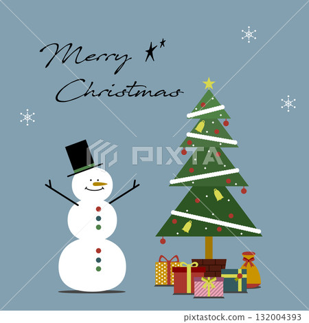 Stylish Christmas illustration set (presents, tree, snowman) with text and background 132004393