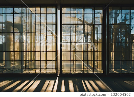 Light and shadow through door reflecting shapes on wall.AI Generated Light and shadow through door reflecting shapes on wall.AI Generated 132004502