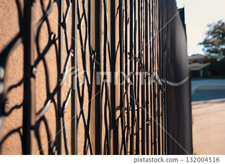 Woven metal mesh forming a grid fence structure.AI Generated 132004516