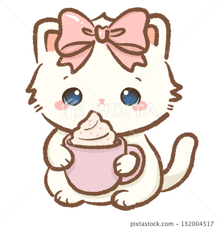 Cute white cat with pink bow holding cup of hot cocoa with whipped cream kawaii kitten holiday drink illustration pastel coquette Christmas art cozy winter dessert design 132004517