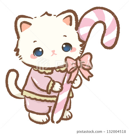 Adorable white cat in pink pajamas holding big striped candy cane with ribbon bow kawaii kitten holiday illustration pastel coquette Christmas art cozy festive design 132004518