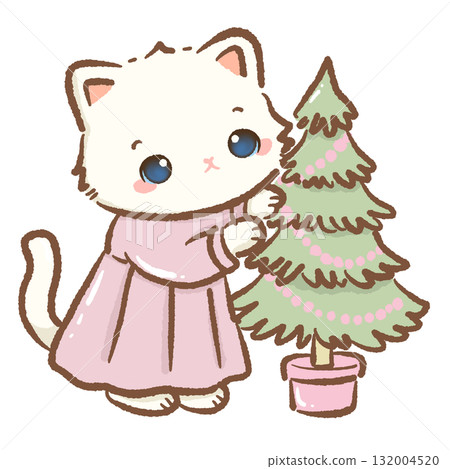 Cute white cat decorating pastel Christmas tree with pink ornaments kawaii kitten holiday illustration coquette Christmas art cozy winter festive design 132004520