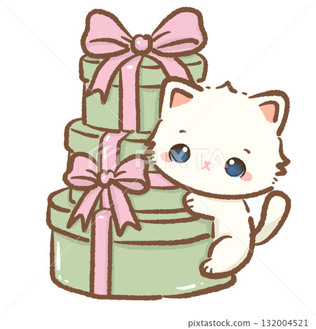 Cute white cat climbing green pastel Christmas gift boxes with pink bows kawaii kitten holiday present illustration coquette Christmas art cozy winter festive design 132004521