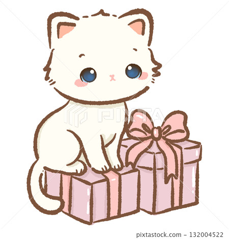 Adorable white cat sitting on pink Christmas presents with ribbon bows kawaii kitten holiday illustration coquette Christmas art pastel festive winter design Adorable white cat sitting on pink Christmas presents with ribbon bows kawaii kitten holiday illustration coquette Christmas art pastel festive winter design 132004522