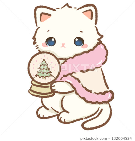 Charming white cat wrapped in pink cape holding snow globe with Christmas tree kawaii kitten holiday illustration coquette Christmas art cozy winter festive design 132004524