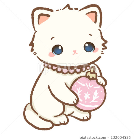 Cute white cat holding pink Christmas ornament ball with snowflake design kawaii kitten holiday illustration pastel coquette Christmas art cozy festive winter design Cute white cat holding pink Christmas ornament ball with snowflake design kawaii kitten holiday illustration pastel coquette Christmas art cozy festive winter design 132004525