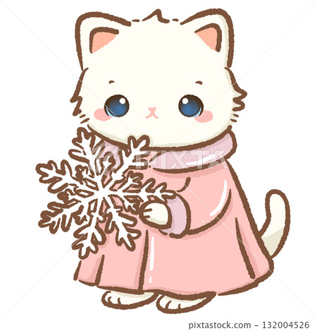 Adorable white cat wearing pink coat holding big snowflake kawaii kitten winter holiday illustration pastel coquette Christmas art cozy festive cute character design Adorable white cat wearing pink coat holding big snowflake kawaii kitten winter holiday illustration pastel coquette Christmas art cozy festive cute character design 132004526