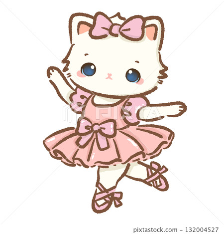 Cute white cat in pink tutu dress dancing ballet kawaii kitten ballerina with bow pastel coquette Christmas art graceful dance girl character winter festive illustration 132004527