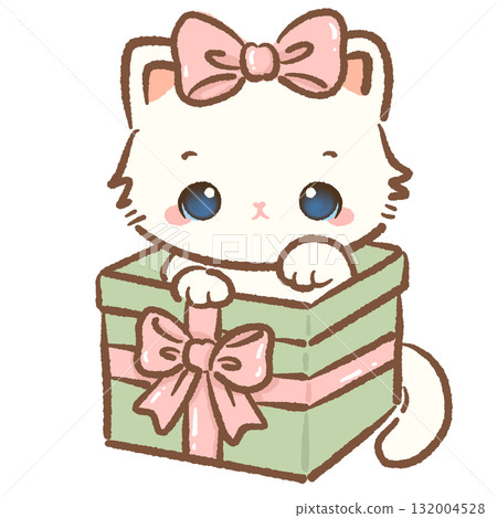 Sweet white cat with pink bow peeking out of green Christmas gift box kawaii kitten holiday surprise illustration coquette Christmas pastel festive winter art 132004528