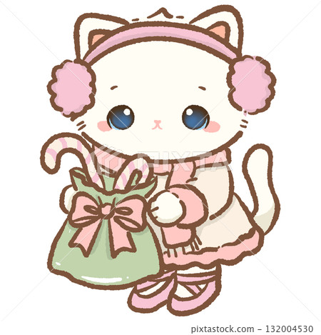 Sweet white cat in pink earmuffs and scarf holding green gift bag with candy canes kawaii kitten winter holiday art coquette Christmas pastel illustration cozy charm 132004530
