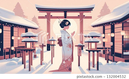 新年第一次參拜神社的女性插圖 新年第一次參拜神社的女性插圖 132004532