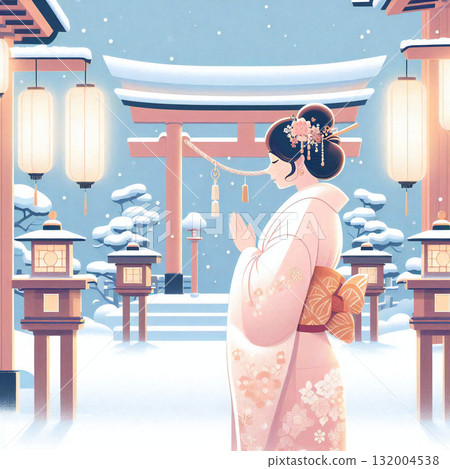 新年第一次參拜神社的女性插圖 新年第一次參拜神社的女性插圖 132004538
