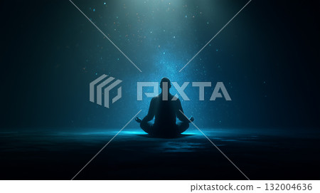 Silhouette of a meditating person surrounded by blue light - concept of relaxation and inner peace Silhouette of a meditating person surrounded by blue light - concept of relaxation and inner peace 132004636