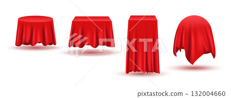 Red silk curtain cloth surprise fabric card cotton. Tablecloth reveal cover object vector Red silk curtain cloth surprise fabric card cotton. Tablecloth reveal cover object vector 132004660
