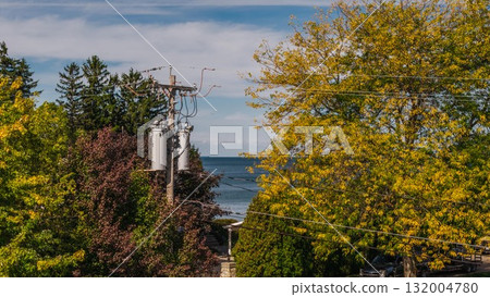 American utility pole with mounted transformers among autumn trees near a coastal road in the United States, showing details of local electrification infrastructure. American utility pole with mounted transformers among autumn trees near a coastal road in the United States, showing details of local electrification infrastructure. 132004780