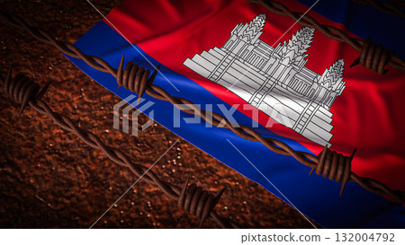 The Cambodia flag and barbed wire for Background 3d Rendering. The Cambodia flag and barbed wire for Background 3d Rendering. 132004792