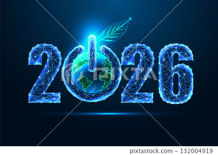 2026 New Year with globe and power button in green-blue glowing polygonal vector illustration 132004919