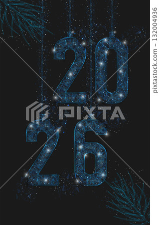 Abstract isolated blue image of new year number 2026. Polygonal low poly wireframe illustration looks like stars in the black night sky in space or flying glass shards. Digital web, internet design. Abstract isolated blue image of new year number 2026. Polygonal low poly wireframe illustration looks like stars in the black night sky in space or flying glass shards. Digital web, internet design. 132004936