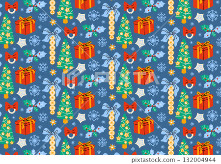 Christmas and New Year seamless pattern in cartoon style. Holiday gifts and decor, bows, winter, snowflakes, Christmas tree, toys and cozy atmosphere. Seasonal textile. Printable wrapping paper design Christmas and New Year seamless pattern in cartoon style. Holiday gifts and decor, bows, winter, snowflakes, Christmas tree, toys and cozy atmosphere. Seasonal textile. Printable wrapping paper design 132004944