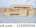 Wooden blocks showing ACHIEVEMENT MINDSET text for success and discipline. 132005094