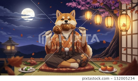 Autumn appetite on a moonlit night: An anthropomorphic Shiba Inu in traditional Japanese clothing stuffing its mouth with dumplings 132005234