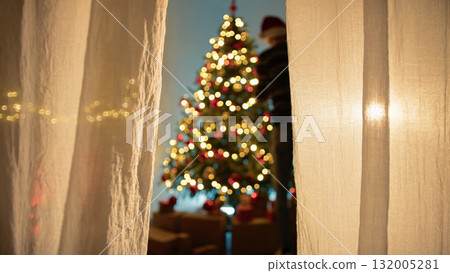 Shadows On Man Over The Tent Making Decorating Christmas Tree 132005281