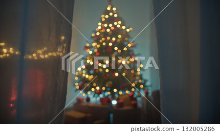 Christmas Night With Window Curtain And Passage Through 132005286