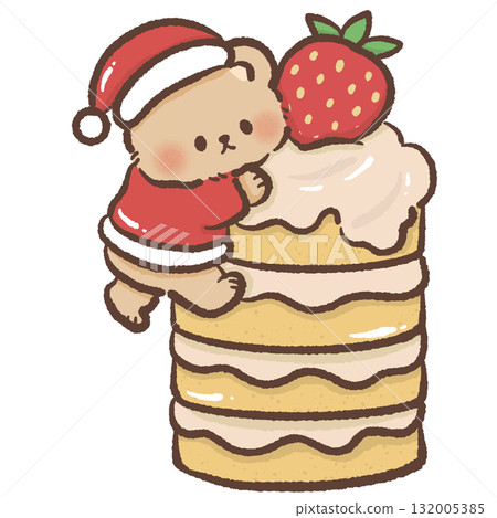 Adorable brown bear in Santa hat climbing tall layer cake topped with strawberry kawaii Christmas dessert illustration cozy festive winter bakery art sweet design 132005385