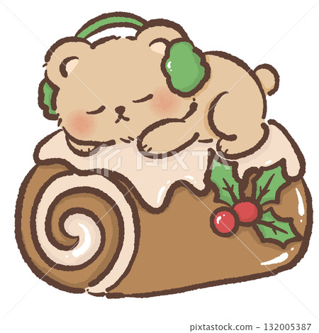 Cute brown bear wearing green earmuffs sleeping on Christmas yule log cake with holly kawaii holiday dessert illustration cozy festive winter bakery art sweet design 132005387