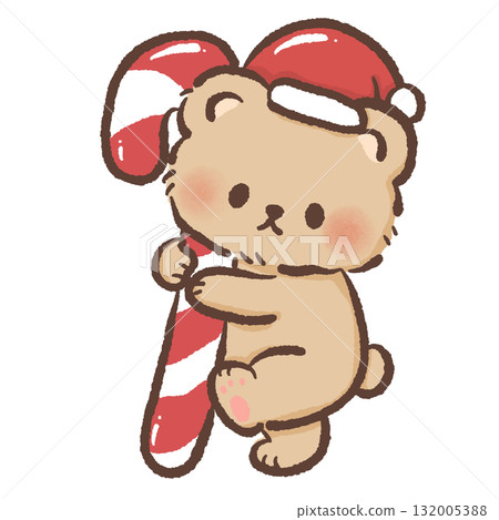 Adorable brown bear in Santa hat hugging big red candy cane kawaii Christmas sweet illustration cozy festive winter holiday art cute dessert bakery design 132005388