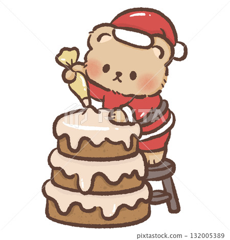 Tiny brown bear in Santa suit decorating tall layer cake with frosting kawaii Christmas bakery illustration cozy festive winter holiday dessert art cute design Tiny brown bear in Santa suit decorating tall layer cake with frosting kawaii Christmas bakery illustration cozy festive winter holiday dessert art cute design 132005389