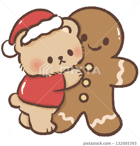 Tiny brown bear in Santa hat hugging giant gingerbread man cookie kawaii Christmas bakery illustration cozy festive winter holiday dessert art cute design 132005393