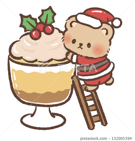Adorable tiny bear in Santa suit climbing ladder to reach giant trifle dessert with holly kawaii Christmas bakery illustration cozy festive winter holiday art sweet design 132005394